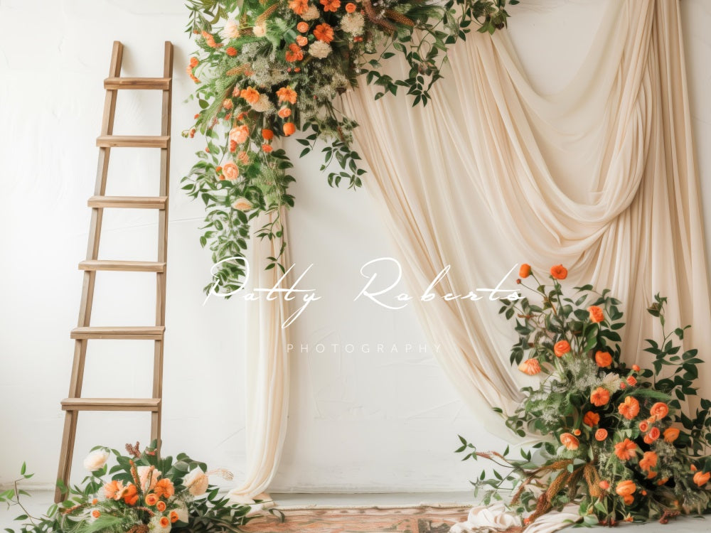 Kate Wandteppich und Leiter mit Blumen Hintergrund Entworfen von Patty Robert - Kate Backdrop.de