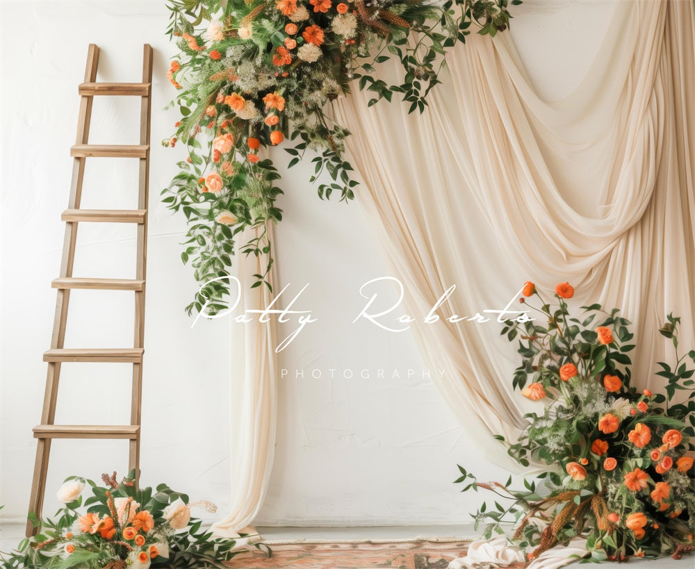 Kate Wandteppich und Leiter mit Blumen Hintergrund Entworfen von Patty Robert - Kate Backdrop.de
