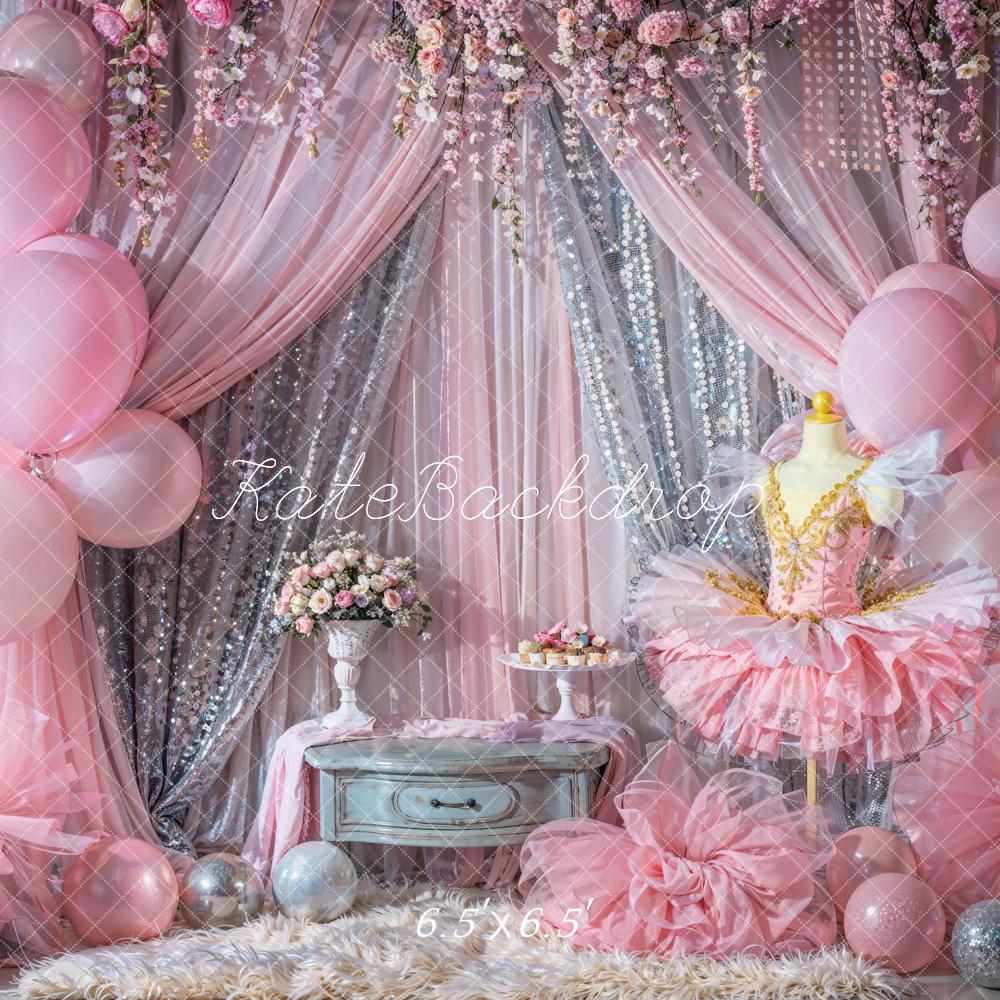 Kate Silberner und rosa Ballon-Glitzervorhang Hintergrund Entworfen von Emetselch - Kate Backdrop.de