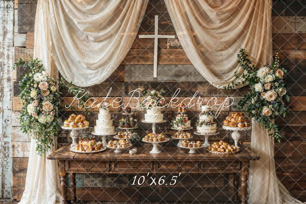 Kate Ostern Kreuz Blumen Weißer Vorhang Holztisch Hintergrund Entworfen von Emetselch - Kate Backdrop.de