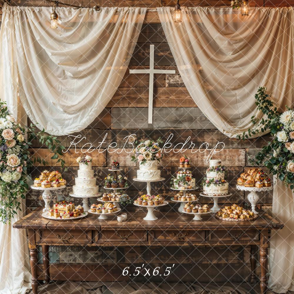 Kate Ostern Kreuz Blumen Weißer Vorhang Holztisch Hintergrund Entworfen von Emetselch - Kate Backdrop.de