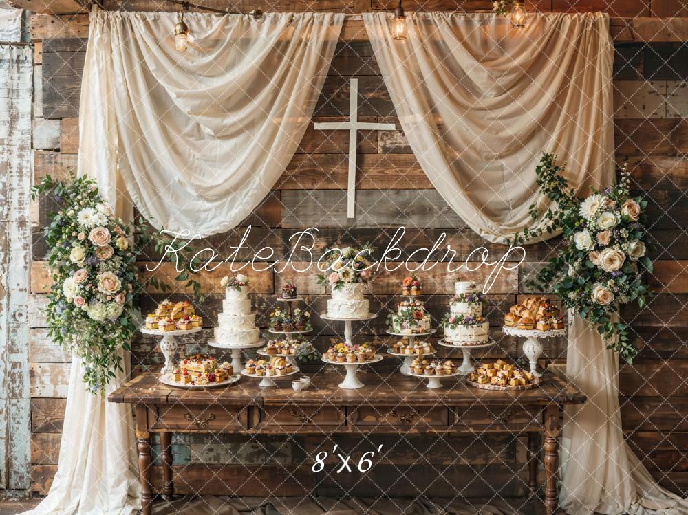 Kate Ostern Kreuz Blumen Weißer Vorhang Holztisch Hintergrund Entworfen von Emetselch - Kate Backdrop.de