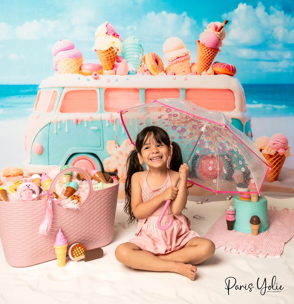 Kate Sommer Küsten Rosa Blaues Eiscreme Auto Hintergrund Entworfen von Chain Photography - Kate Backdrop.de