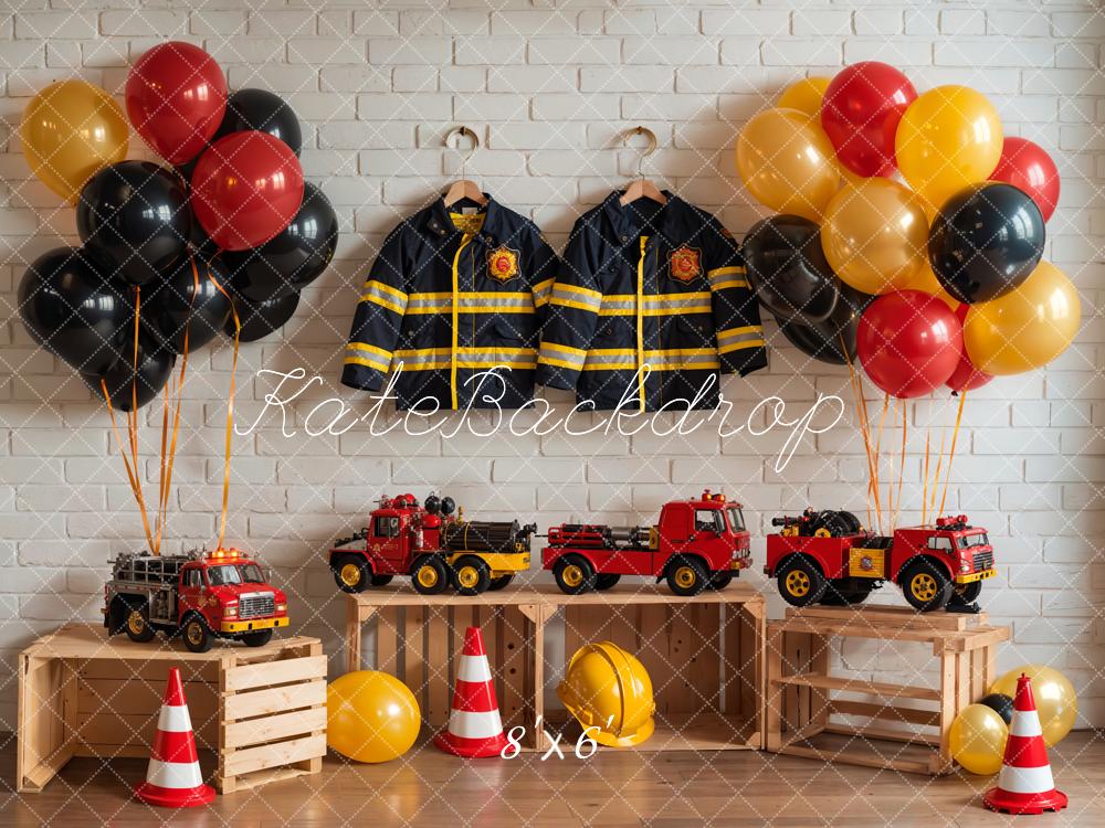 Kate Geburtstags Feuerwehr Thema Bunte Luftballon Spielzeugauto und Uniform Weiße Ziegelwand Hintergrund Entworfen von GQ - Kate Backdrop.de