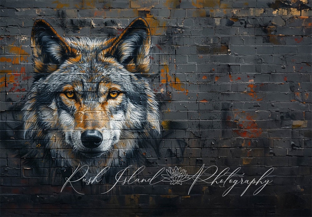 Kate Coole Braue Wolf Graffiti Schwarze Backsteinmauer Hintergrund Entworfen von Laura Bybee - Kate Backdrop.de