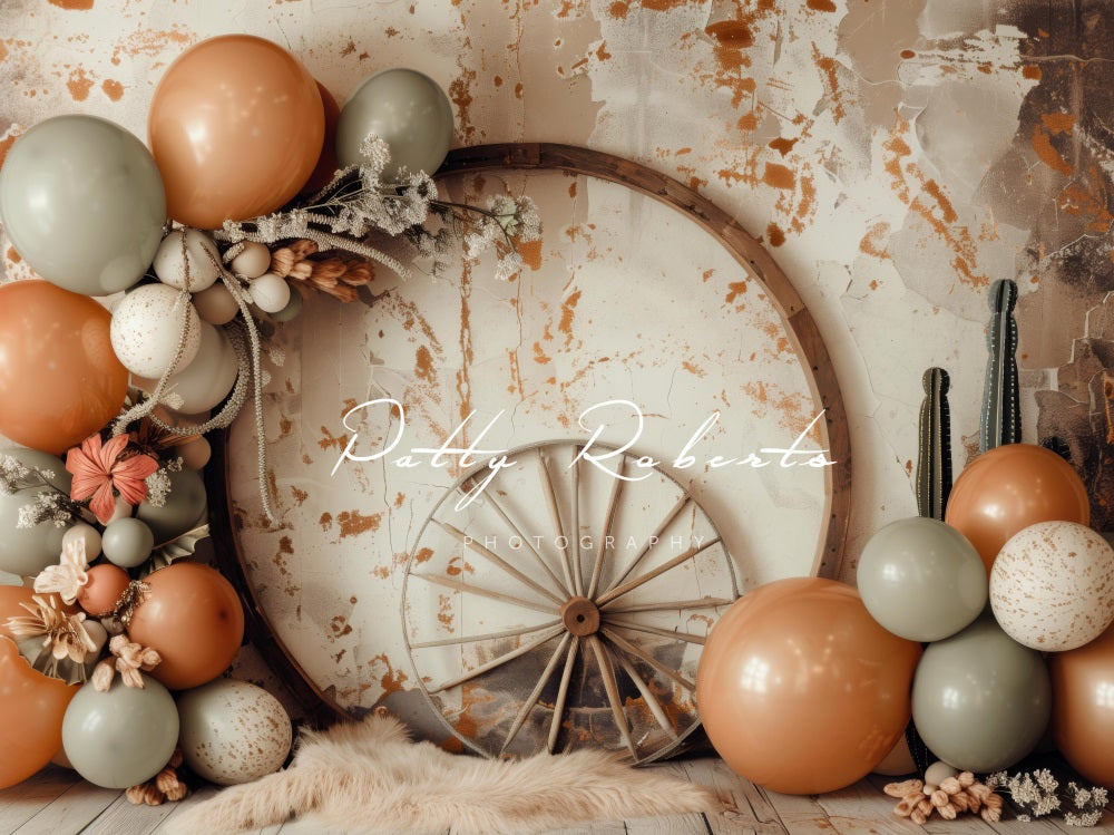 Kate Boho Wild West Bunte Ballon Holzrad kaputte Wand Hintergrund Entworfen von Patty Robert - Kate Backdrop.de
