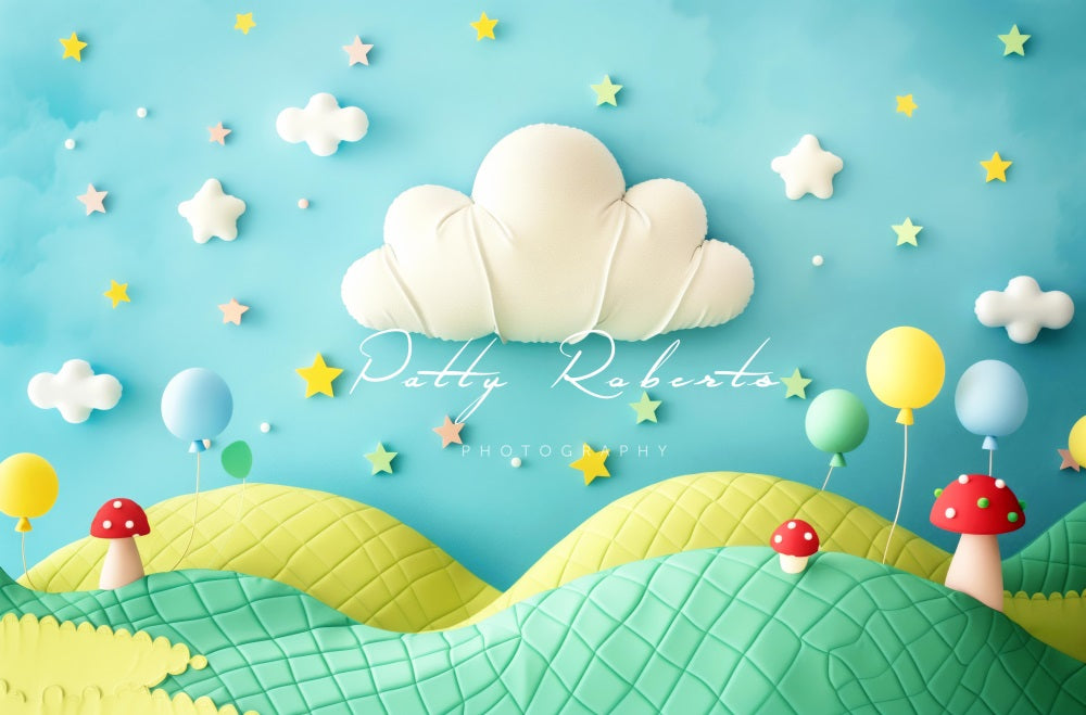 Kate 3D Cartoon Mit Bunten Luftballons Grün Gelb Feld Hintergrund Entworfen von Patty Robert - Kate Backdrop.de