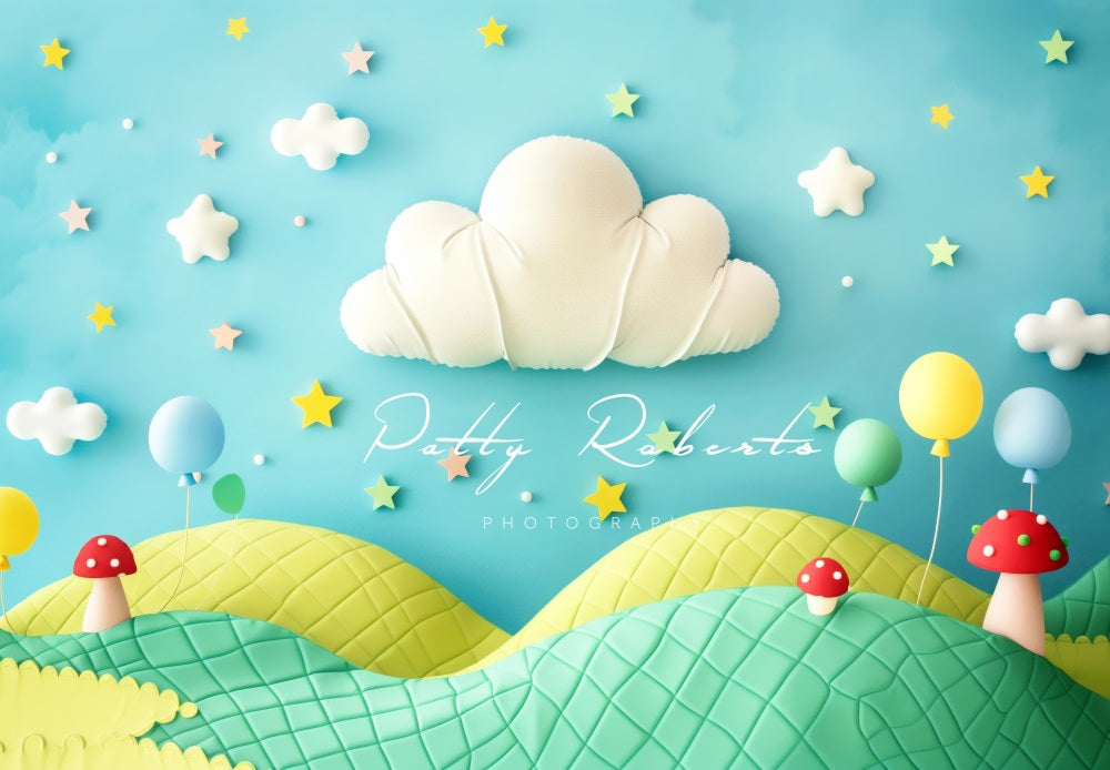 Kate 3D Cartoon Mit Bunten Luftballons Grün Gelb Feld Hintergrund Entworfen von Patty Robert - Kate Backdrop.de