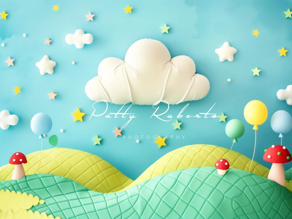Kate 3D Cartoon Mit Bunten Luftballons Grün Gelb Feld Hintergrund Entworfen von Patty Robert - Kate Backdrop.de