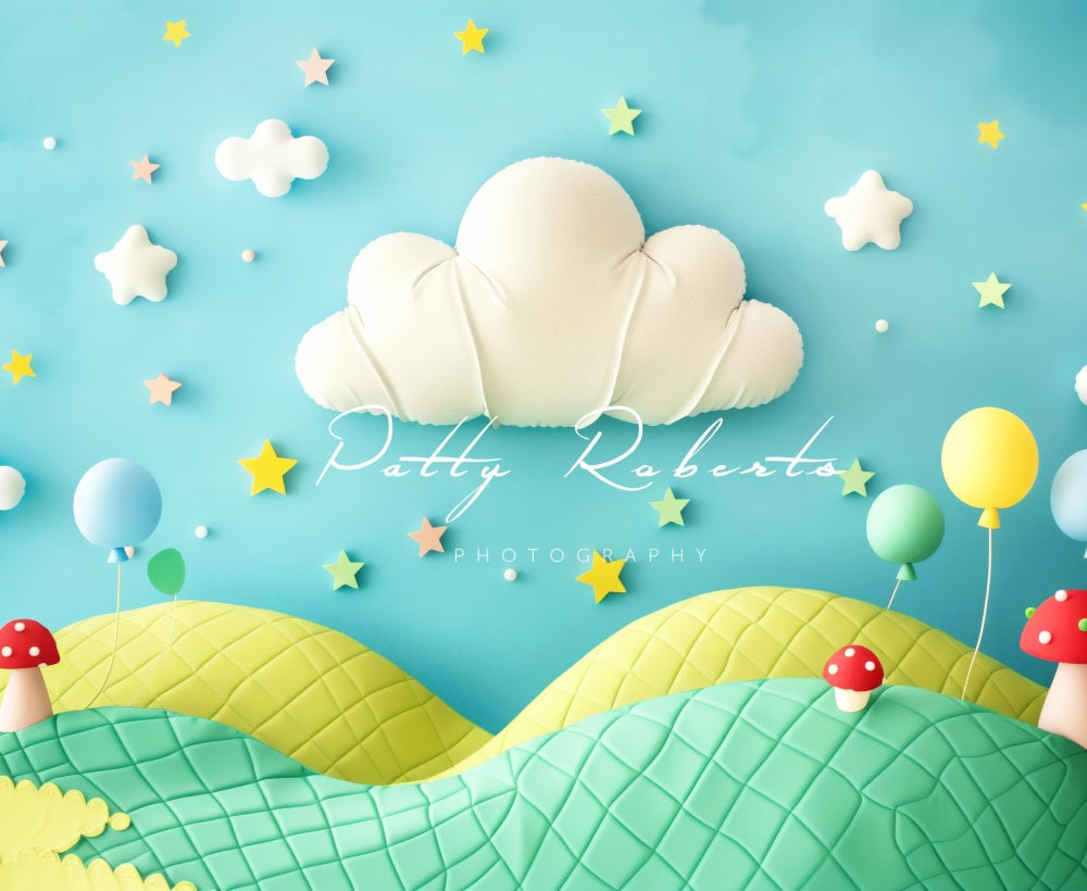 Kate 3D Cartoon Mit Bunten Luftballons Grün Gelb Feld Hintergrund Entworfen von Patty Robert - Kate Backdrop.de