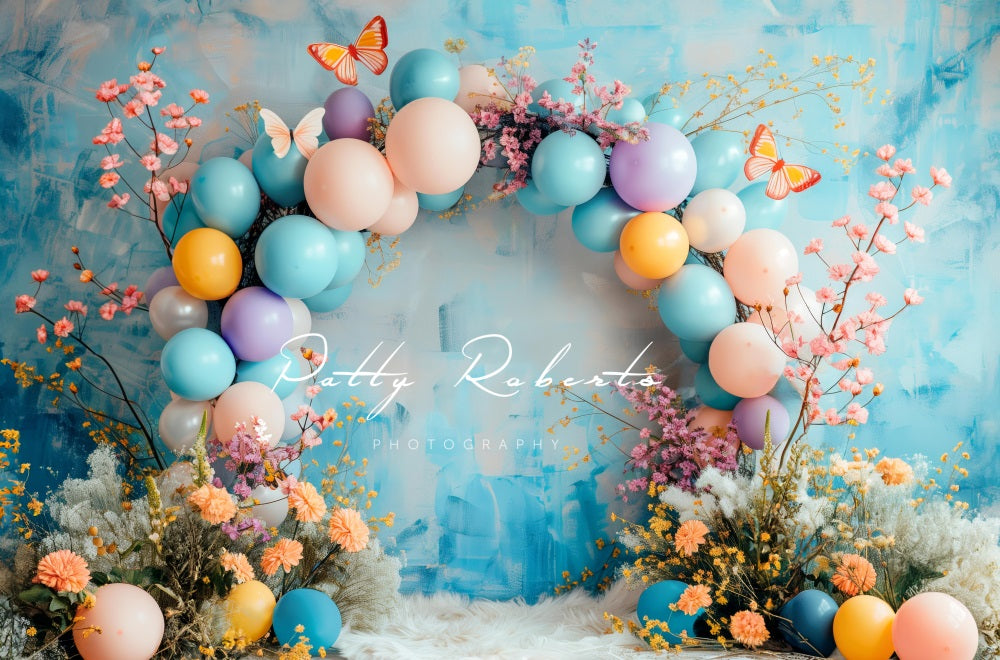 Kate Frühlings Boho Blumen Ballon Bogen blaue Hintergrund Entworfen von Patty Robert - Kate Backdrop.de