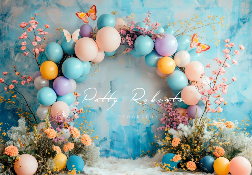 Kate Frühlings Boho Blumen Ballon Bogen blaue Hintergrund Entworfen von Patty Robert - Kate Backdrop.de