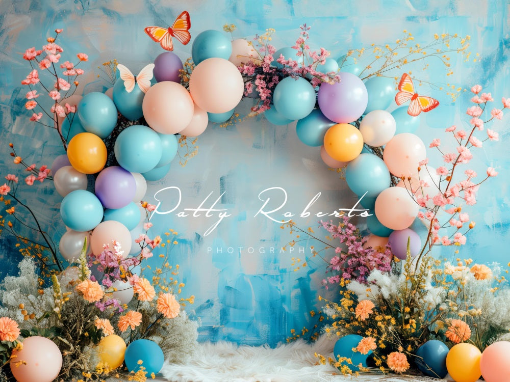 Kate Frühlings Boho Blumen Ballon Bogen blaue Hintergrund Entworfen von Patty Robert - Kate Backdrop.de