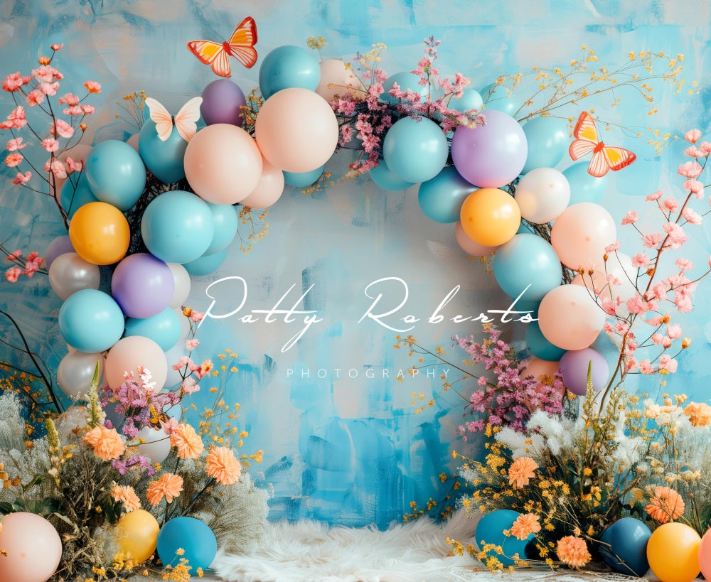 Kate Frühlings Boho Blumen Ballon Bogen blaue Hintergrund Entworfen von Patty Robert - Kate Backdrop.de