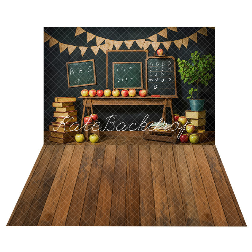 Kate Zurück zur Schule Grüne Pflanzen Tafel Schwarze Wandhintergrund + Braunholzbodenhintergrund - Kate Backdrop.de