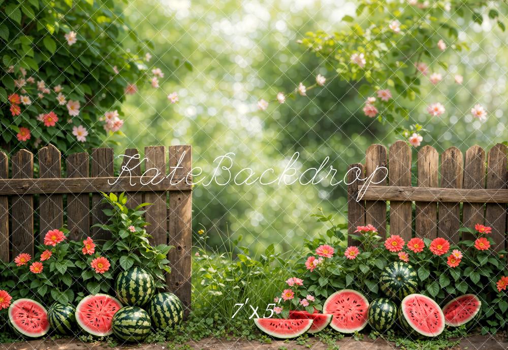 Kate Sommer Bokeh Grün Pflanze Bunte Blume Wassermelone Braun Zaun Hintergrund Entworfen von Emetselch - Kate Backdrop.de