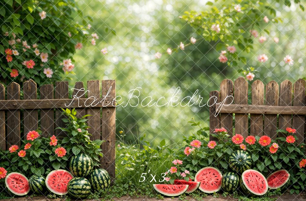 Kate Sommer Bokeh Grün Pflanze Bunte Blume Wassermelone Braun Zaun Hintergrund Entworfen von Emetselch - Kate Backdrop.de