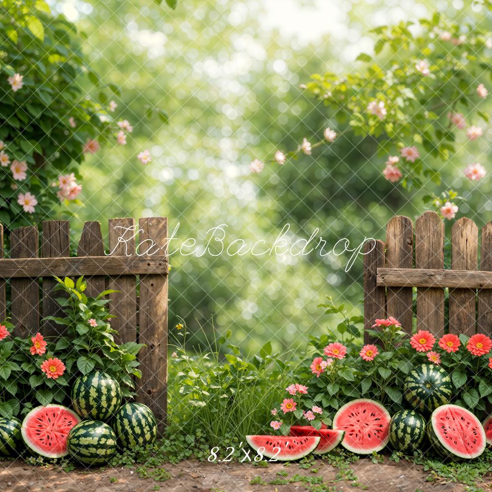 Kate Sommer Bokeh Grün Pflanze Bunte Blume Wassermelone Braun Zaun Hintergrund Entworfen von Emetselch - Kate Backdrop.de