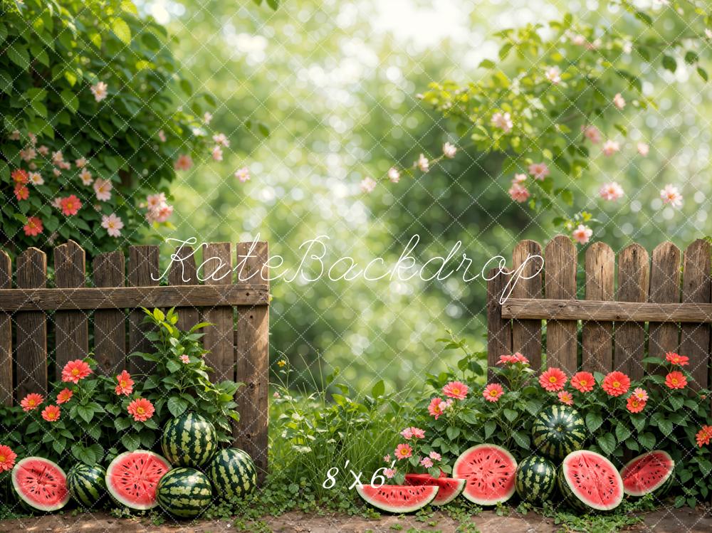 Kate Sommer Bokeh Grün Pflanze Bunte Blume Wassermelone Braun Zaun Hintergrund Entworfen von Emetselch - Kate Backdrop.de
