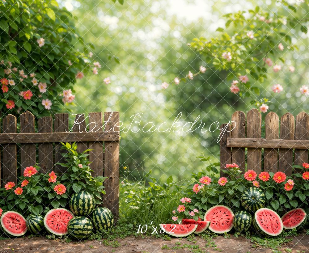 Kate Sommer Bokeh Grün Pflanze Bunte Blume Wassermelone Braun Zaun Hintergrund Entworfen von Emetselch - Kate Backdrop.de