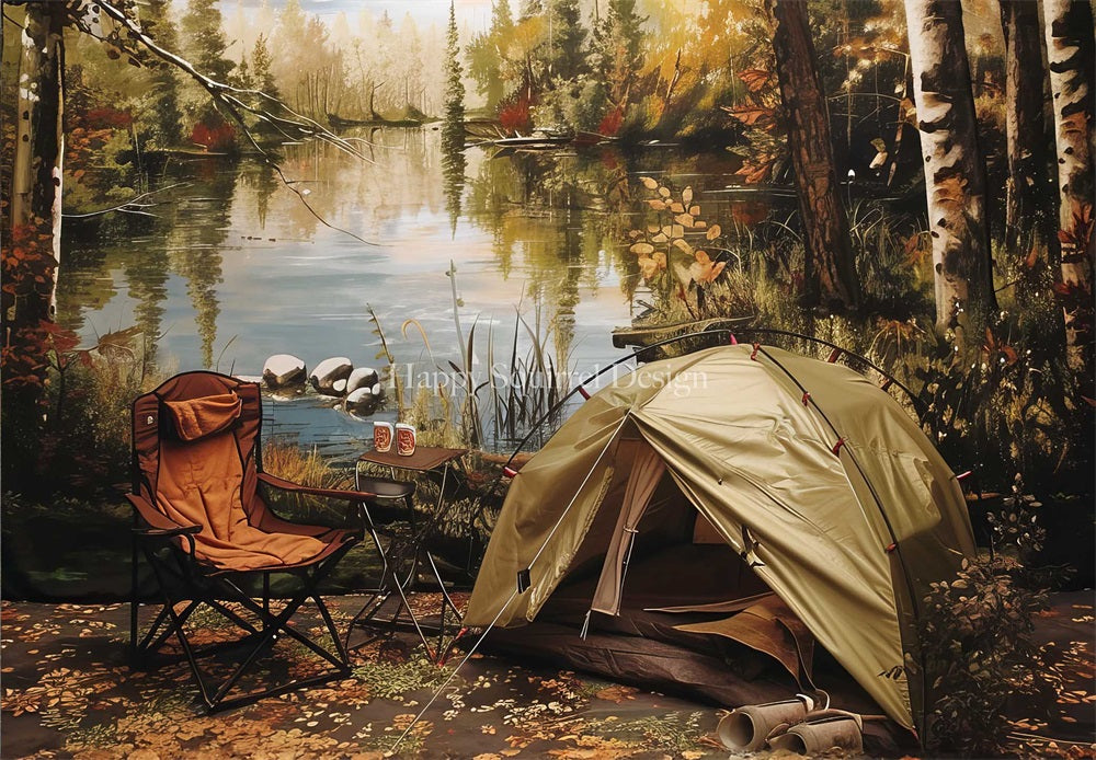 Kate Herbst Outdoor Wald Camping Zelt See Roter Stuhl Hintergrund Entworfen von Happy Squirrel Design - Kate Backdrop.de