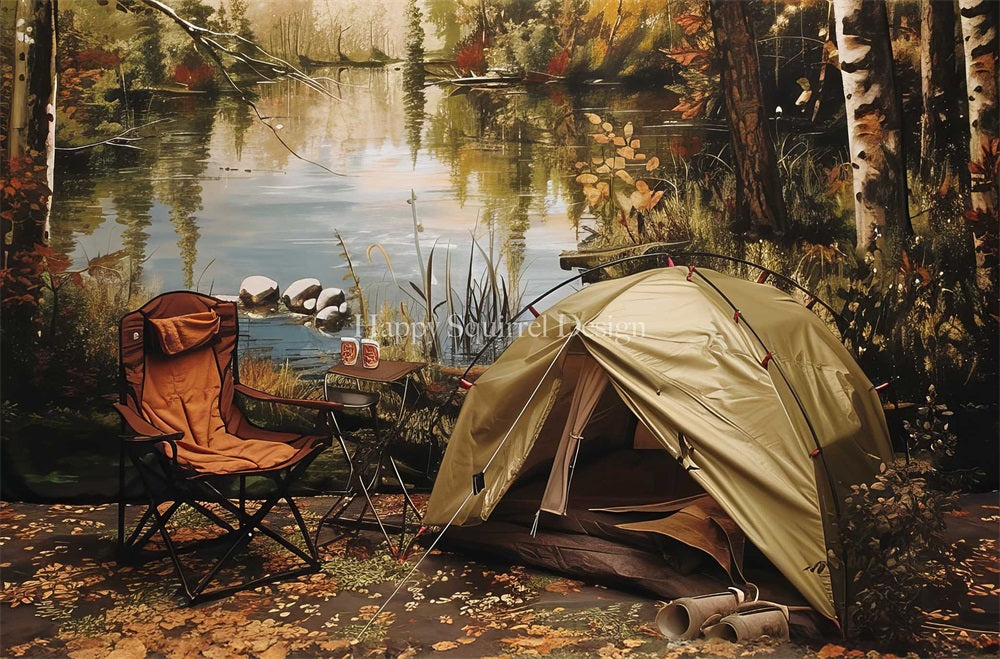 Kate Herbst Outdoor Wald Camping Zelt See Roter Stuhl Hintergrund Entworfen von Happy Squirrel Design - Kate Backdrop.de