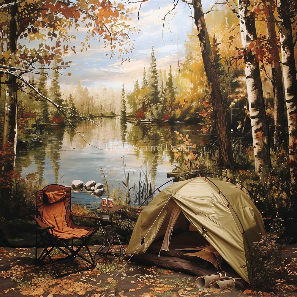 Kate Herbst Outdoor Wald Camping Zelt See Roter Stuhl Hintergrund Entworfen von Happy Squirrel Design - Kate Backdrop.de