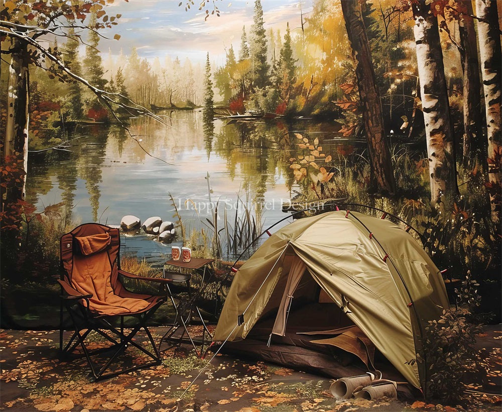 Kate Herbst Outdoor Wald Camping Zelt See Roter Stuhl Hintergrund Entworfen von Happy Squirrel Design - Kate Backdrop.de