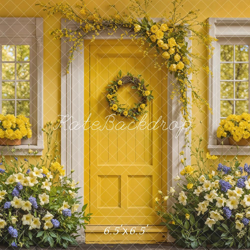 Kate Muttertag Feine Kunst Blume Gelb und Weiß Holztür Haus Hintergrund Entworfen von Emetselch - Kate Backdrop.de