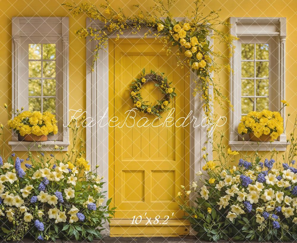 Kate Muttertag Feine Kunst Blume Gelb und Weiß Holztür Haus Hintergrund Entworfen von Emetselch - Kate Backdrop.de