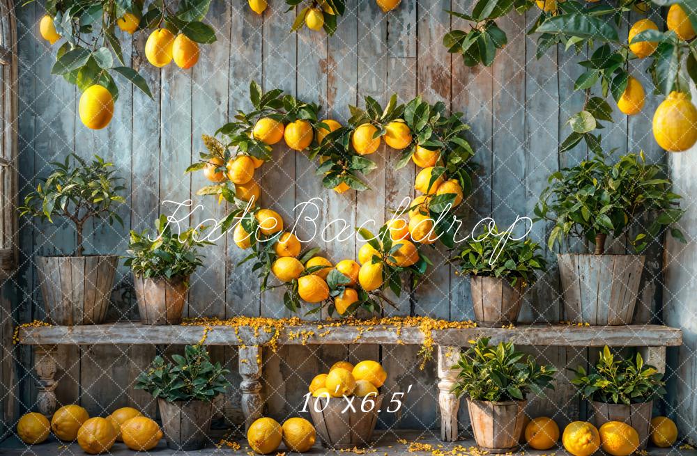 Kate Sommer Gelbe Zitrone Dunkelbraune Holzwand Hintergrund Entworfen von Emetselch - Kate Backdrop.de