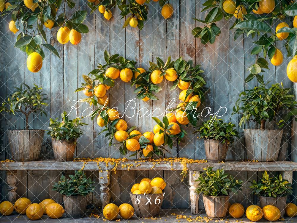 Kate Sommer Gelbe Zitrone Dunkelbraune Holzwand Hintergrund Entworfen von Emetselch - Kate Backdrop.de