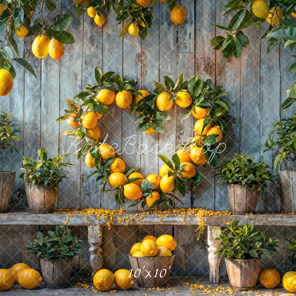 Kate Sommer Gelbe Zitrone Dunkelbraune Holzwand Hintergrund Entworfen von Emetselch - Kate Backdrop.de