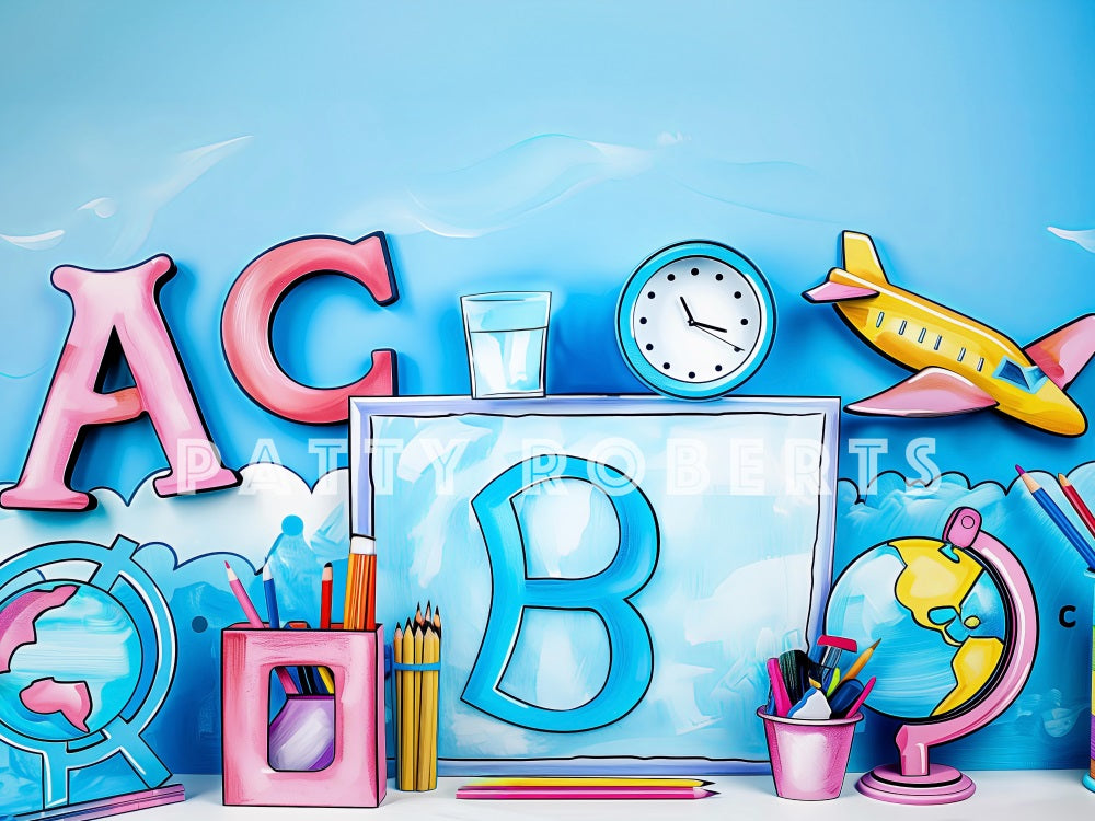 Kate Zurück zur Schule Blau Cartoon Malerei Hintergrund Entworfen von Patty Robert - Kate Backdrop.de
