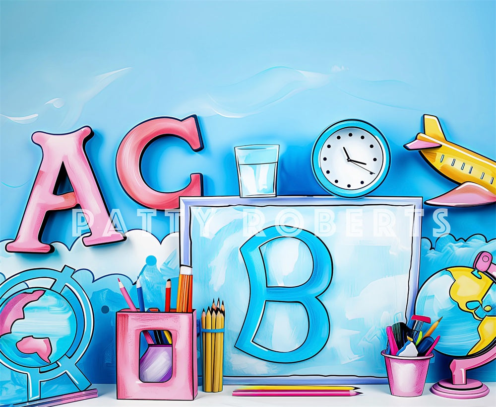Kate Zurück zur Schule Blau Cartoon Malerei Hintergrund Entworfen von Patty Robert - Kate Backdrop.de