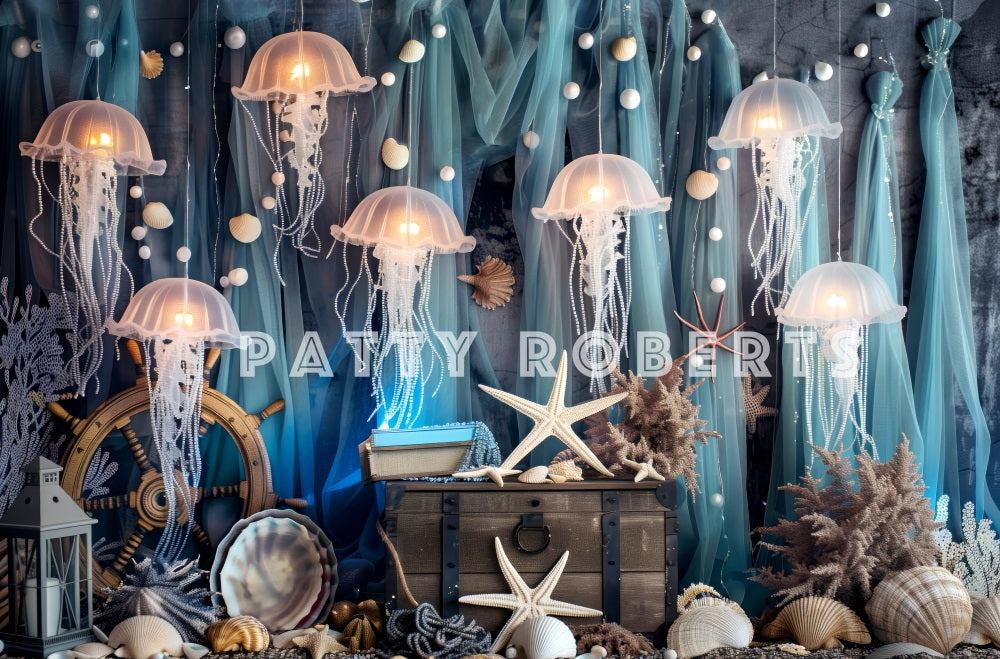 Kate Sommer Meer Strand Weiße Qualle Grüner Vorhang Meerjungfrauenreich Hintergrund Entworfen von Patty Robert - Kate Backdrop.de