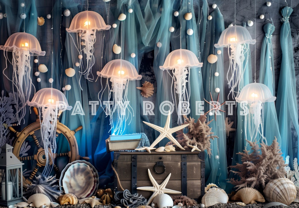 Kate Sommer Meer Strand Weiße Qualle Grüner Vorhang Meerjungfrauenreich Hintergrund Entworfen von Patty Robert - Kate Backdrop.de