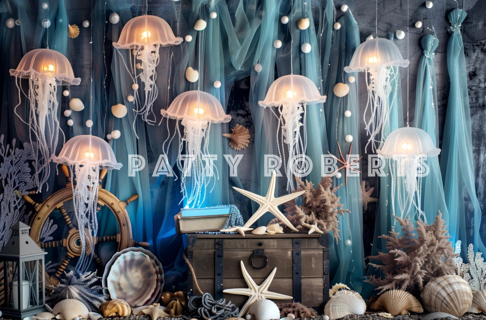 Kate Sommer Meer Strand Weiße Qualle Grüner Vorhang Meerjungfrauenreich Hintergrund Entworfen von Patty Robert - Kate Backdrop.de