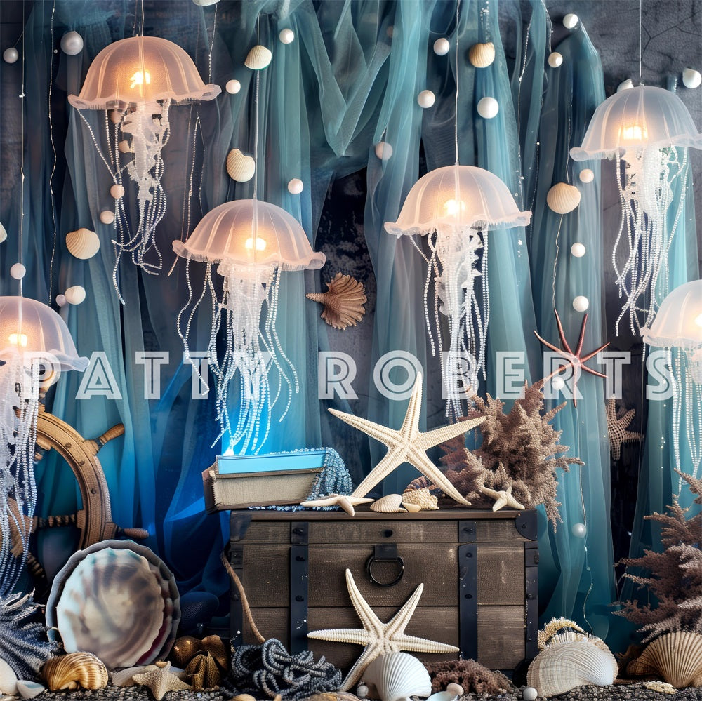 Kate Sommer Meer Strand Weiße Qualle Grüner Vorhang Meerjungfrauenreich Hintergrund Entworfen von Patty Robert - Kate Backdrop.de