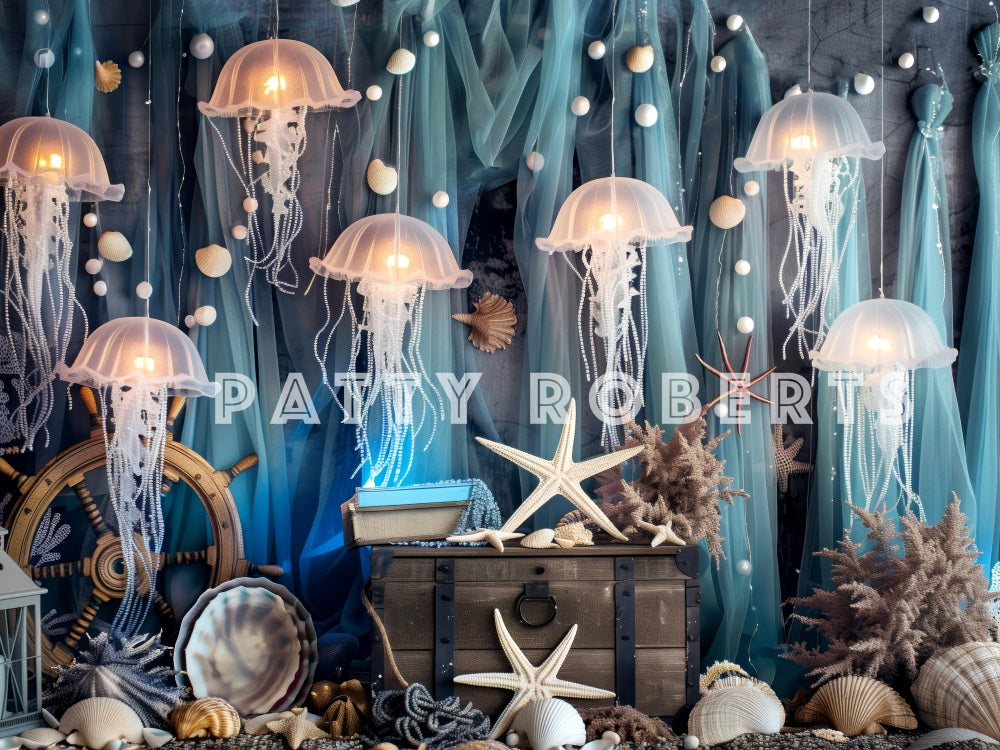 Kate Sommer Meer Strand Weiße Qualle Grüner Vorhang Meerjungfrauenreich Hintergrund Entworfen von Patty Robert - Kate Backdrop.de