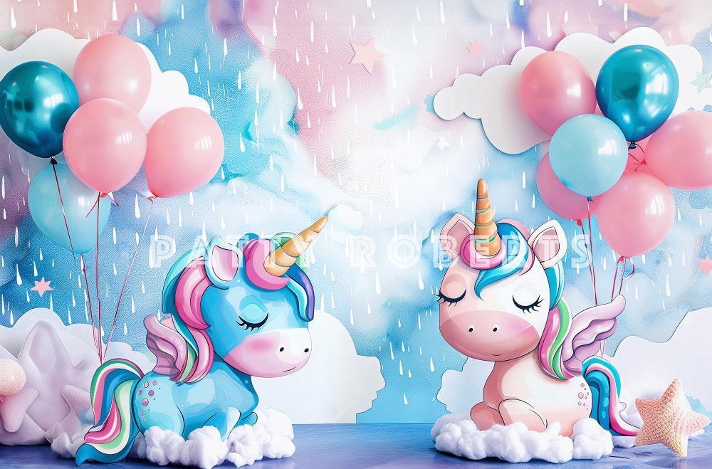 Kate Fantasie Cartoon Bunter Ballon Einhorn Graffiti Wand Hintergrund Entworfen von Patty Robert - Kate Backdrop.de