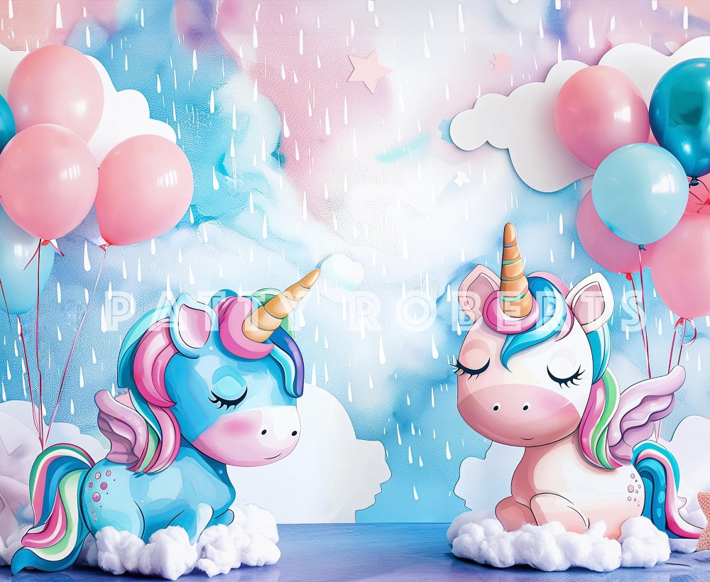 Kate Fantasie Cartoon Bunter Ballon Einhorn Graffiti Wand Hintergrund Entworfen von Patty Robert - Kate Backdrop.de