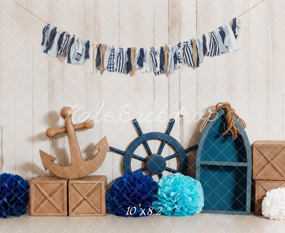 Kate Sommer Meer Anker und Steuerrad Abenteurer Beiger Holzwand Hintergrund Entworfen von Emetselch - Kate Backdrop.de