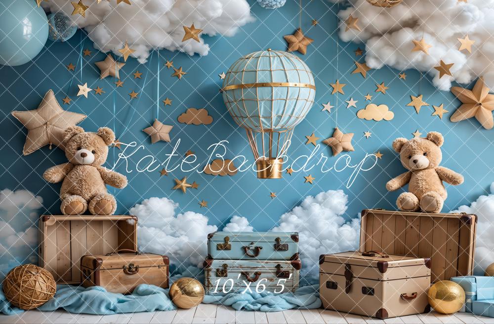 Kate Cartoon Heißluftballon Reise Teddybär Brauner Stern Blaue Wand Hintergrund Entworfen von Emetselch - Kate Backdrop.de