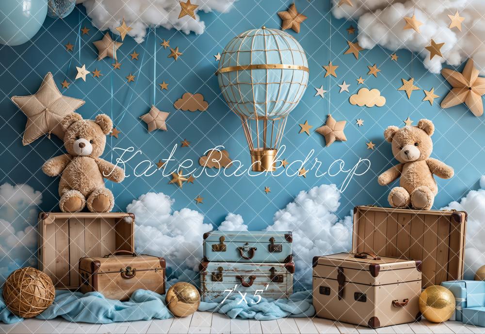 Kate Cartoon Heißluftballon Reise Teddybär Brauner Stern Blaue Wand Hintergrund Entworfen von Emetselch - Kate Backdrop.de
