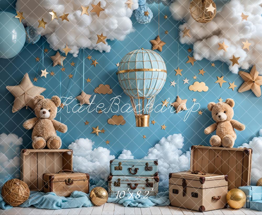 Kate Cartoon Heißluftballon Reise Teddybär Brauner Stern Blaue Wand Hintergrund Entworfen von Emetselch - Kate Backdrop.de