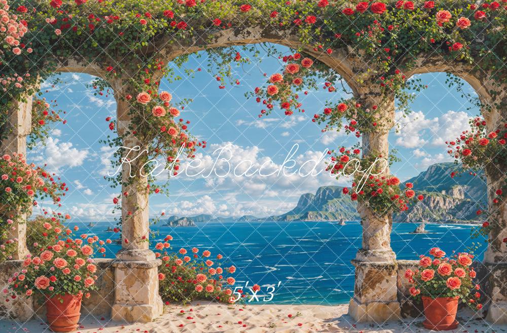 Kate Sommer Meer Strand Rosa Blumiger Steinbogentür Hintergrund Entworfen von Chain Photography - Kate Backdrop.de