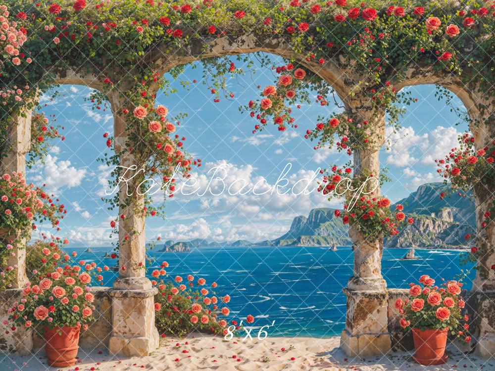 Kate Sommer Meer Strand Rosa Blumiger Steinbogentür Hintergrund Entworfen von Chain Photography - Kate Backdrop.de