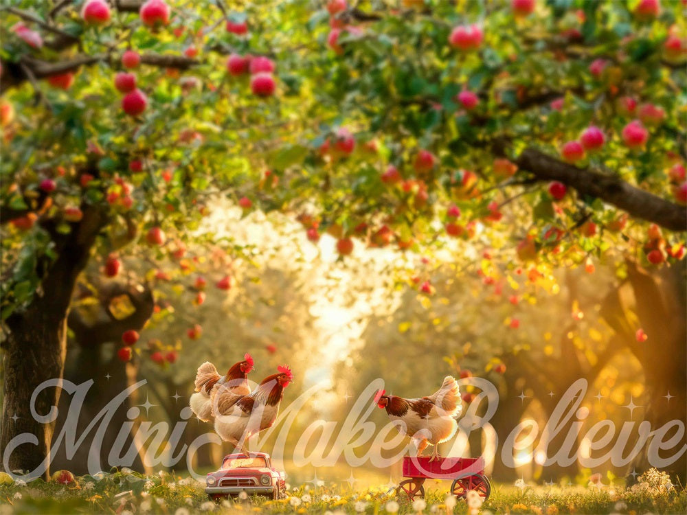 Kate Herbst Outdoor Apfelplantage Huhn Spielzeugauto Wiese Hintergrund Entworfen von Mini MakeBelieve - Kate Backdrop.de