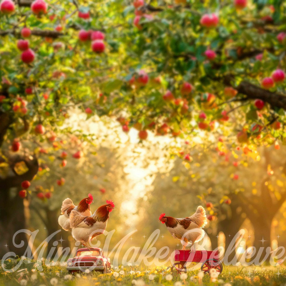 Kate Herbst Outdoor Apfelplantage Huhn Spielzeugauto Wiese Hintergrund Entworfen von Mini MakeBelieve - Kate Backdrop.de